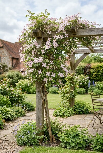 Clematis montana 'Fragrant Spring' gestokt