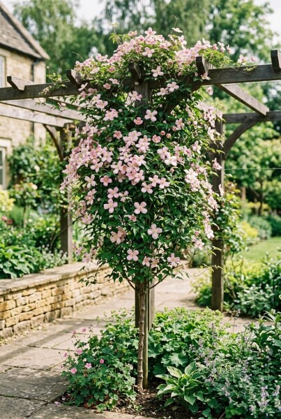 Clematis montana 'Tetrarose' gestokt