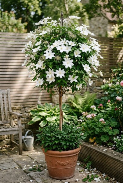 Clematis 'Shirayukihime' gestokt